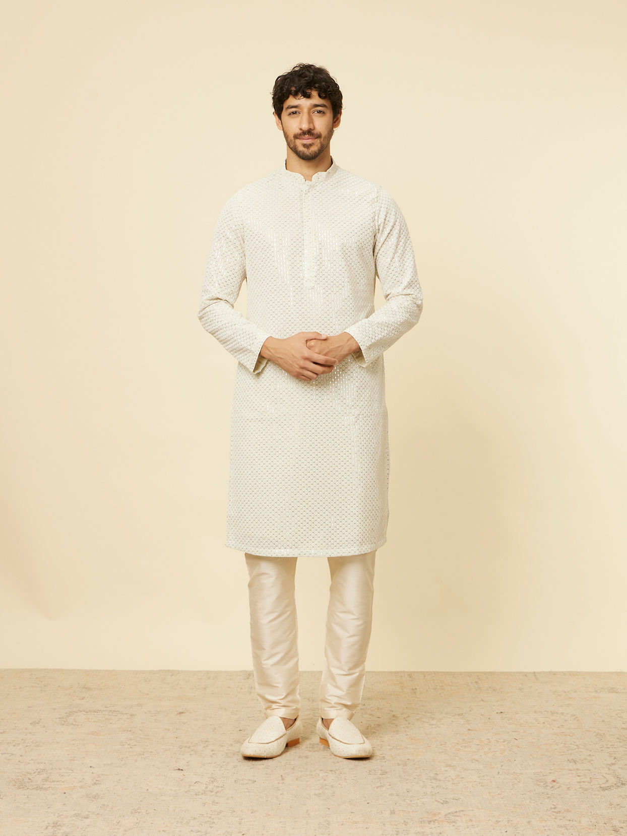 alt message - Manyavar Men Pista Green Chikankari Embroidered Sequin Kurta Set image number 2